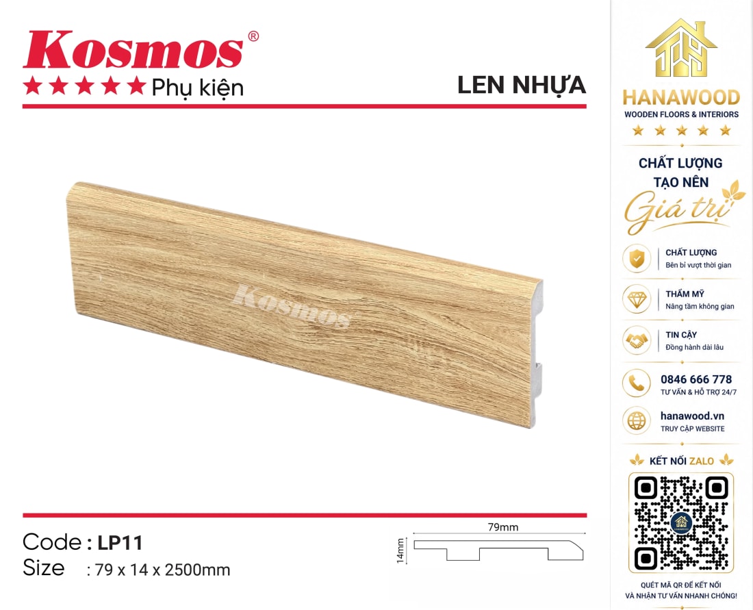 Len Nhựa Chân Tường PVC Kosmos LP11 Cao 79mm giả gỗ sang trọng