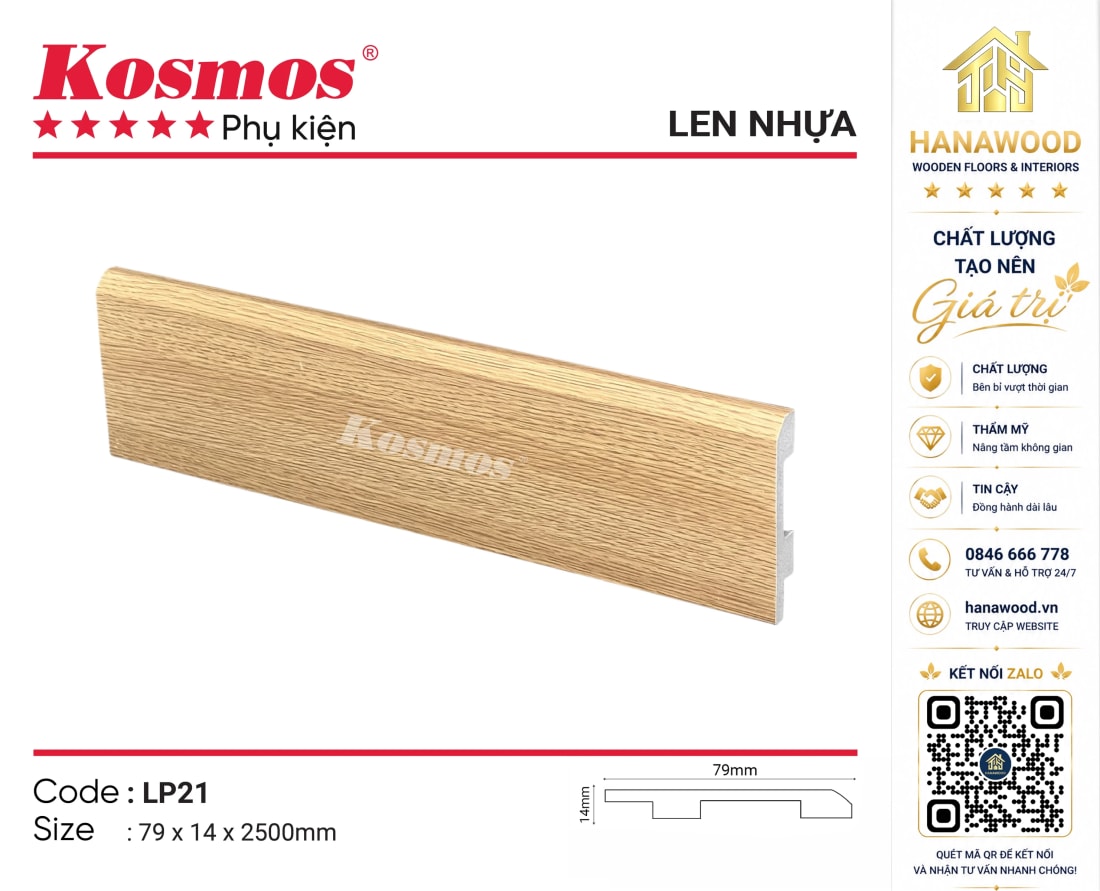 Len Nhựa Chân Tường PVC Kosmos LP21 Cao 79mm giả vân gỗ cổ điển