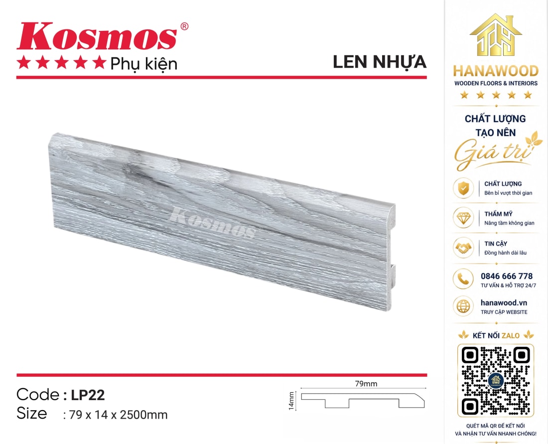 Len Chân Tường Nhựa PVC Kosmos LP22 Cao 79mm cận cảnh lớp phủ bảo vệ