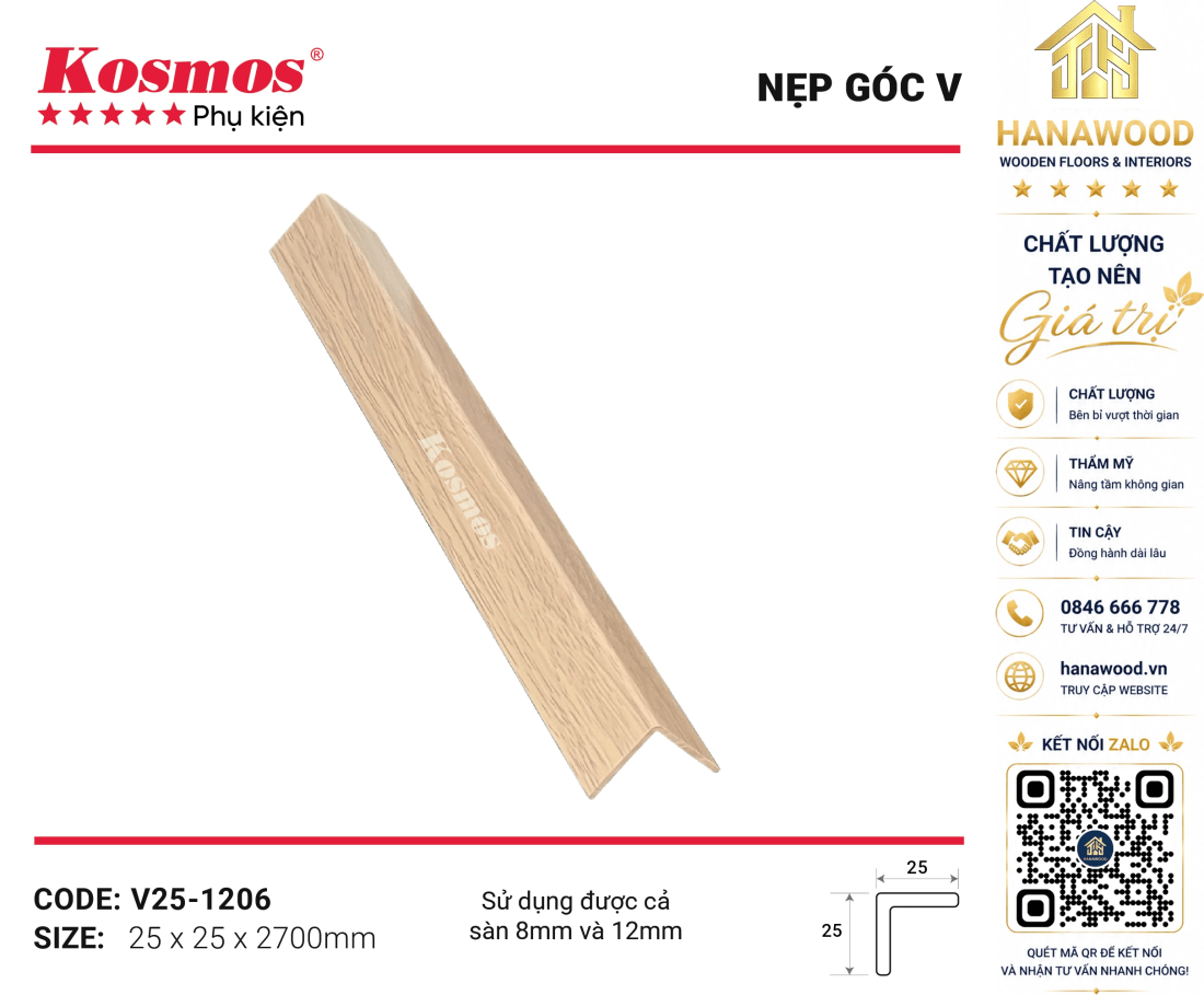 Nẹp Góc V Sàn Gỗ Sàn Nhựa Kosmos V25-1206 màu vân gỗ sồi sáng
