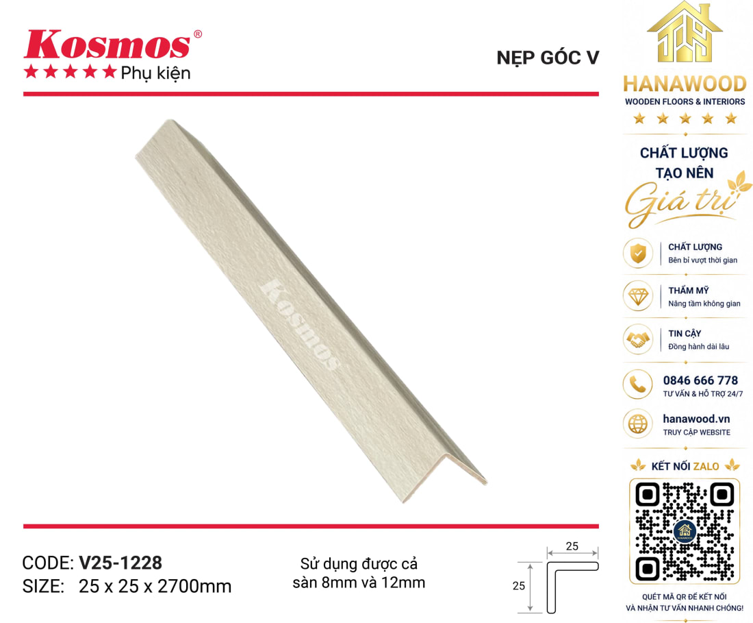 Nẹp Chữ V Sàn Gỗ Sàn Nhựa Kosmos V25-1228 màu nâu vàng tự nhiên