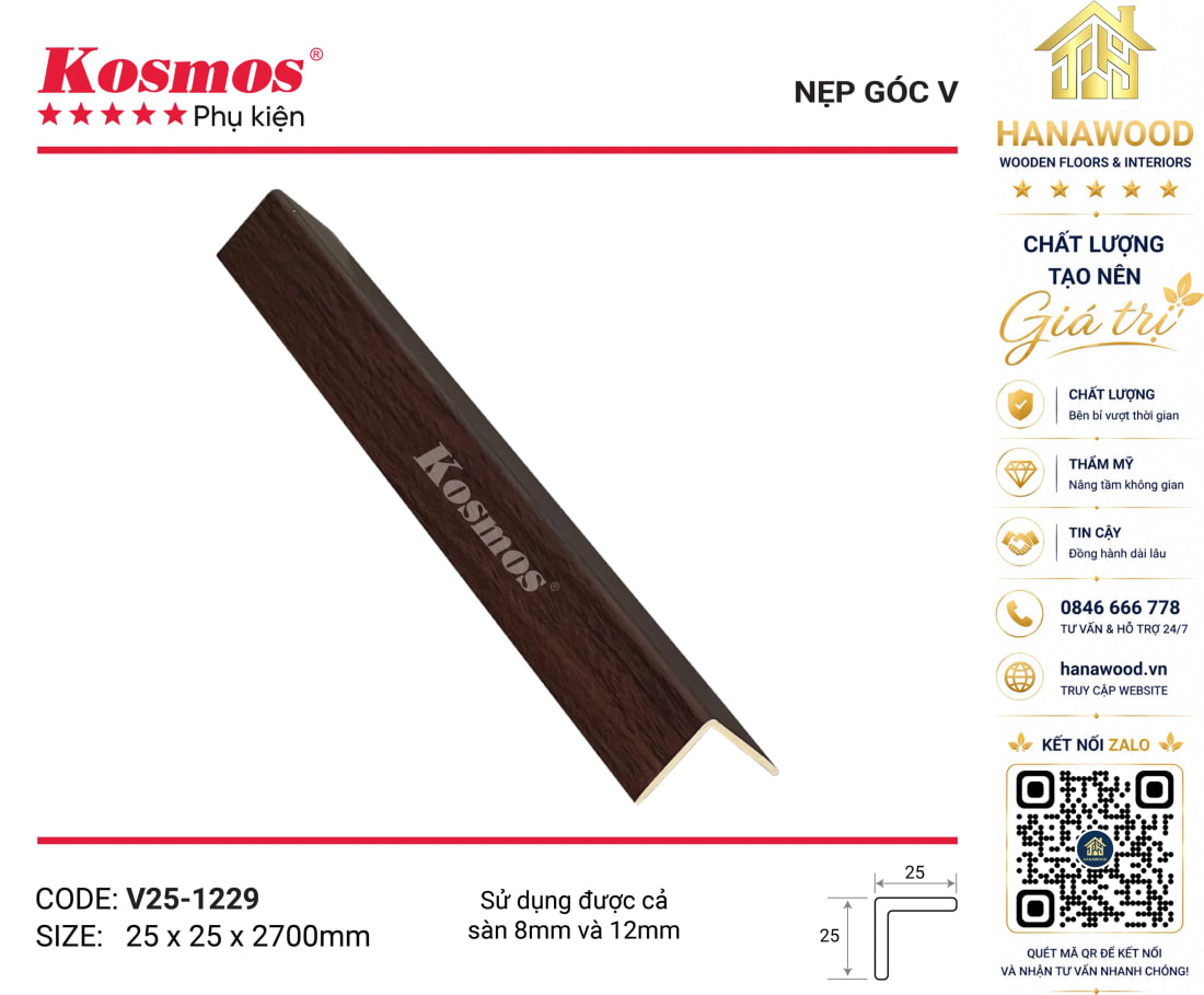 Nẹp Góc V Sàn Gỗ Sàn Nhựa Kosmos V25-1229 màu nâu hạt dẻ sang trọng