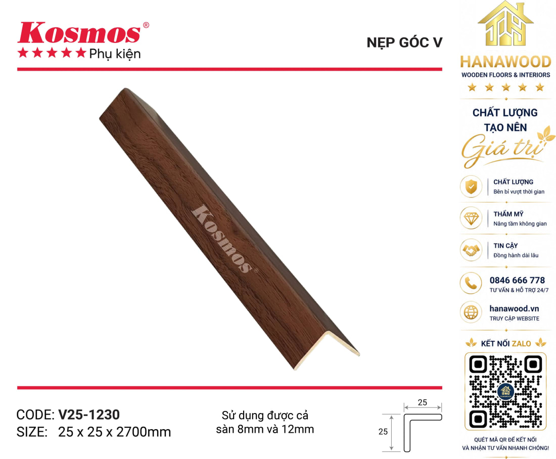 Nẹp Chữ V Sàn Gỗ Sàn Nhựa Kosmos V25-1230 màu gỗ đỏ cổ điển