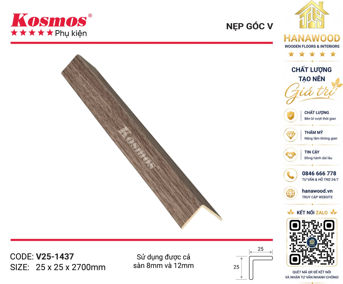 Nẹp Góc V Sàn Gỗ Sàn Nhựa Kosmos V25-1437 màu xám khói hiện đại
