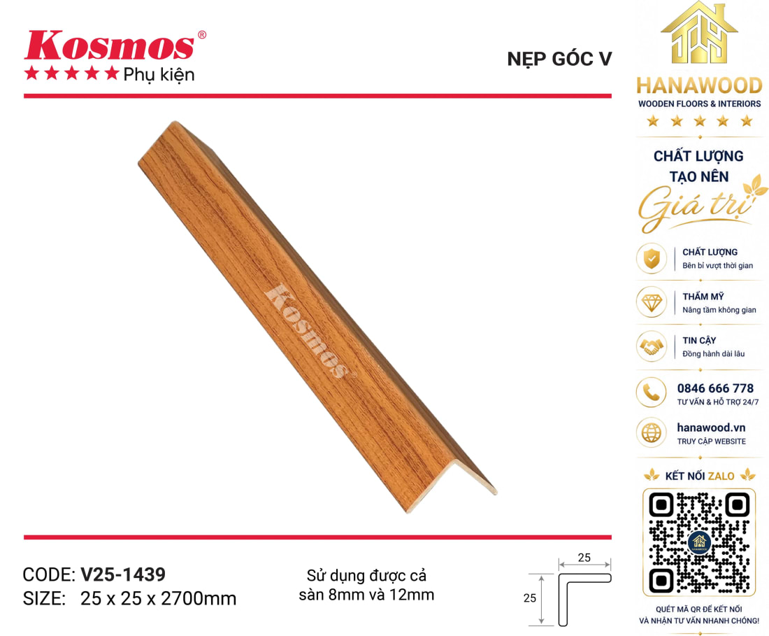 Nẹp Chữ V Sàn Gỗ Sàn Nhựa Kosmos V25-1439 màu nâu trầm óc chó