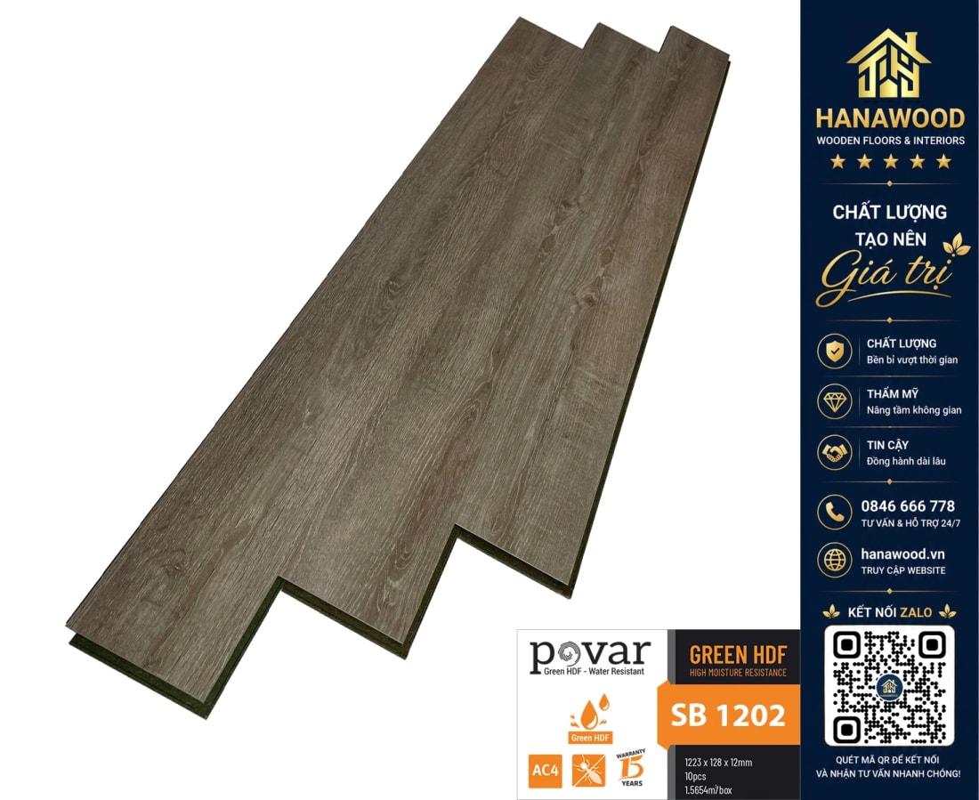Lót Sàn Gỗ Povar SB1204 12mm cận cảnh vân gỗ sồi tươi sáng trẻ trung