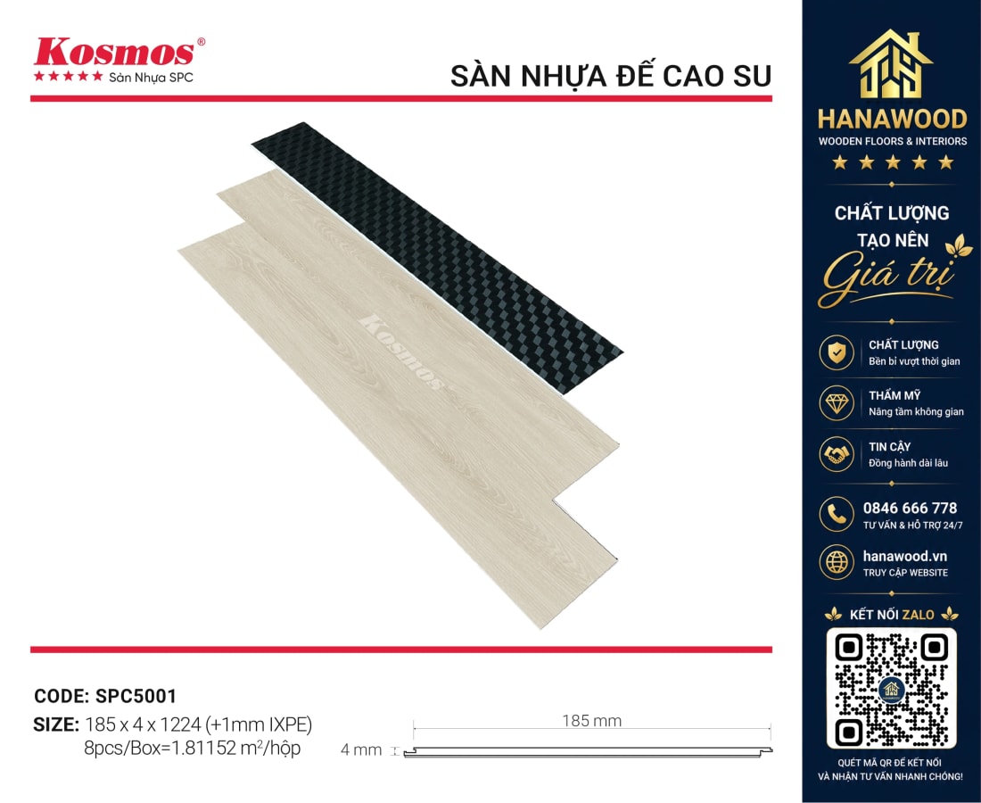 Sàn Nhựa Giả Gỗ Hèm Khoá Kosmos SPC5001 4mm vân sáng tự nhiên