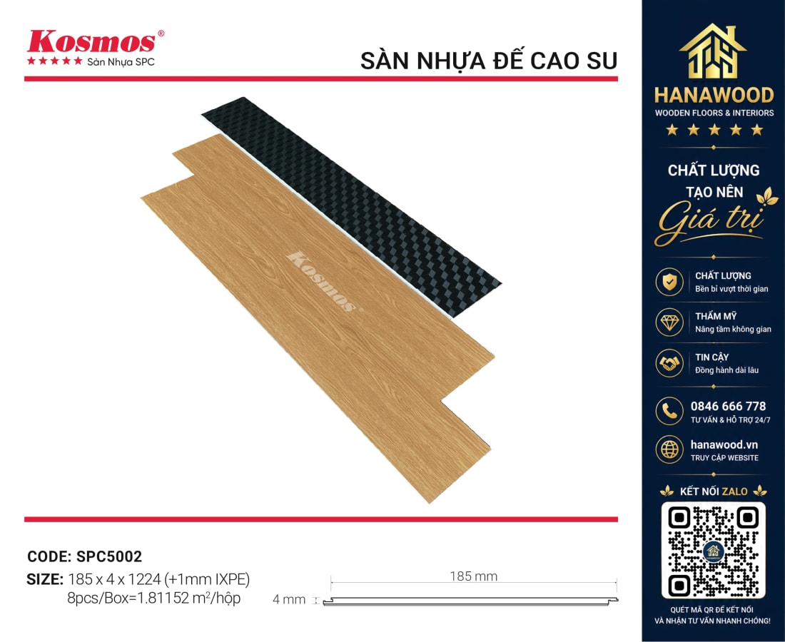 Lót Sàn Nhựa Hèm Khoá Vân Gỗ Kosmos SPC5002 4mm đế cao su tông nâu trầm