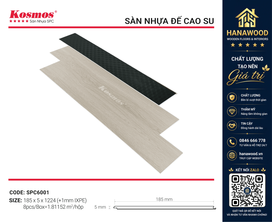 Sàn Nhựa Hèm Khoá Giả Gỗ Kosmos SPC6001 5mm đế cao su êm chân
