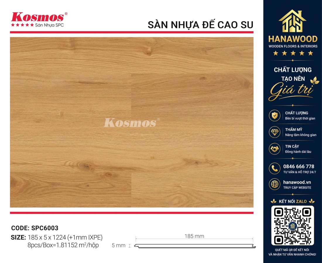 Sàn Nhựa Hèm Khoá Giả Gỗ Kosmos SPC6003 5mm đế cao su xám khói