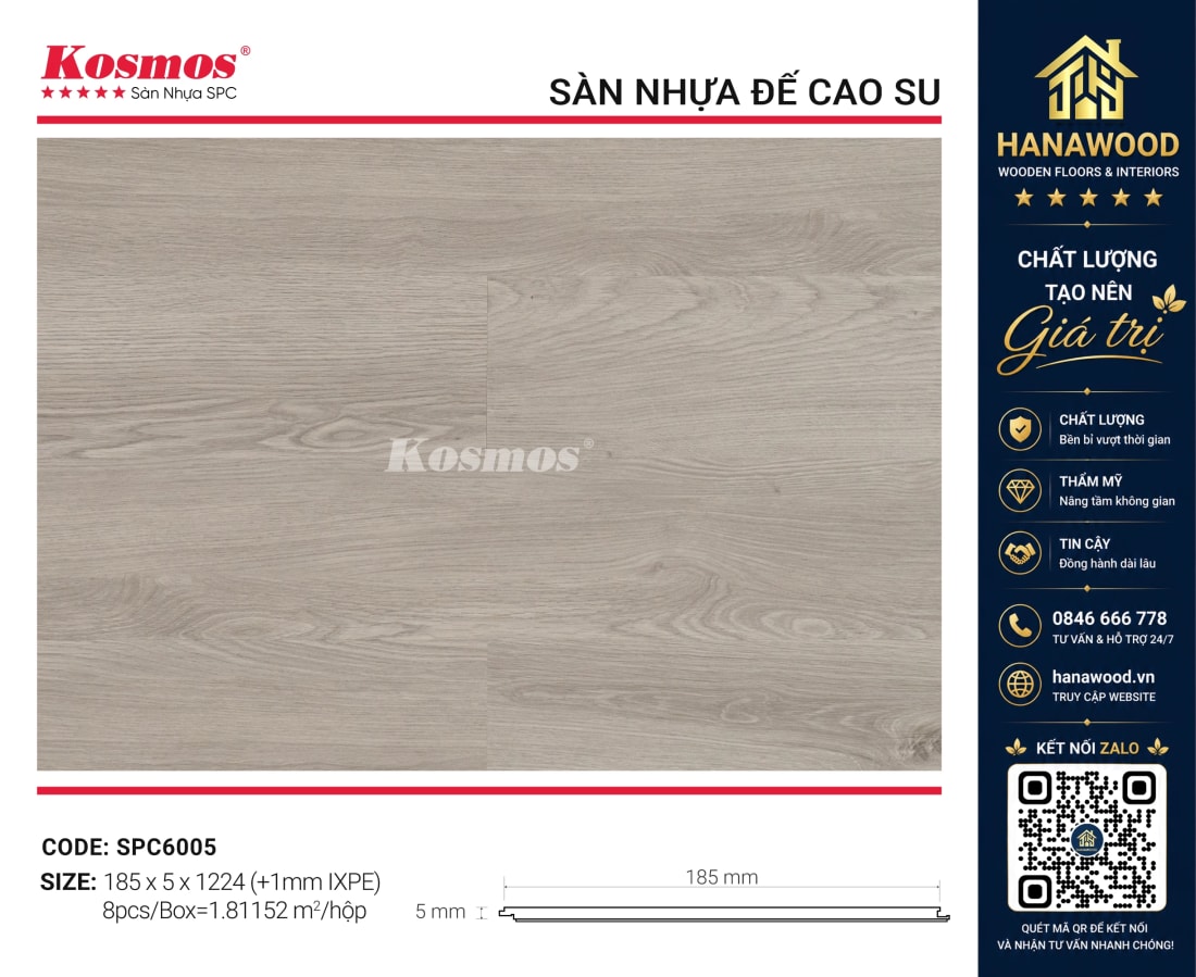 Sàn Nhựa Hèm Khóa Vân Gỗ Kosmos SPC6005 5mm đế cao su mộc tự nhiên