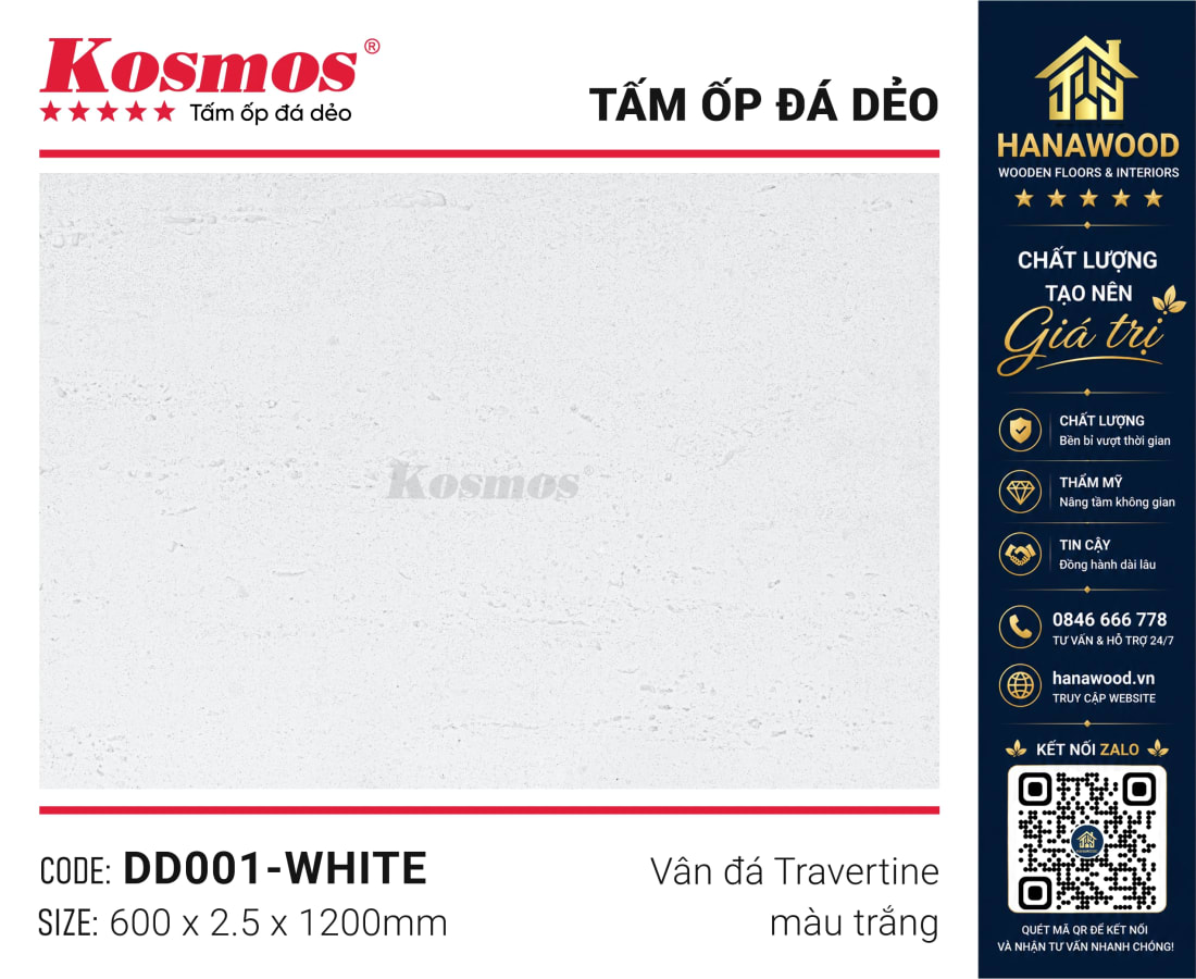 Tấm Ốp Tường Đá Dẻo Kosmos DD001 2.5mm Vân Travertine Trắng bề mặt vân tự nhiên