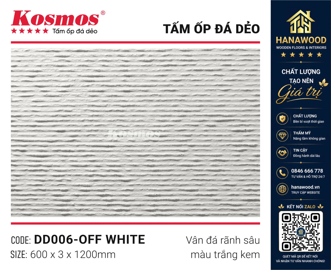 Tấm Ốp Đá Dẻo Kosmos DD006 3mm Vân Rãnh Sâu Trắng Kem thi công dán tường siêu nhẹ
