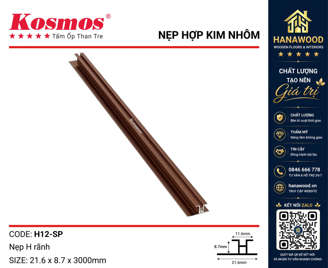 Nẹp H Rãnh Nối Tấm Ốp Than Tre Kosmos H12 Sâm Panh tinh tế trang trí tường