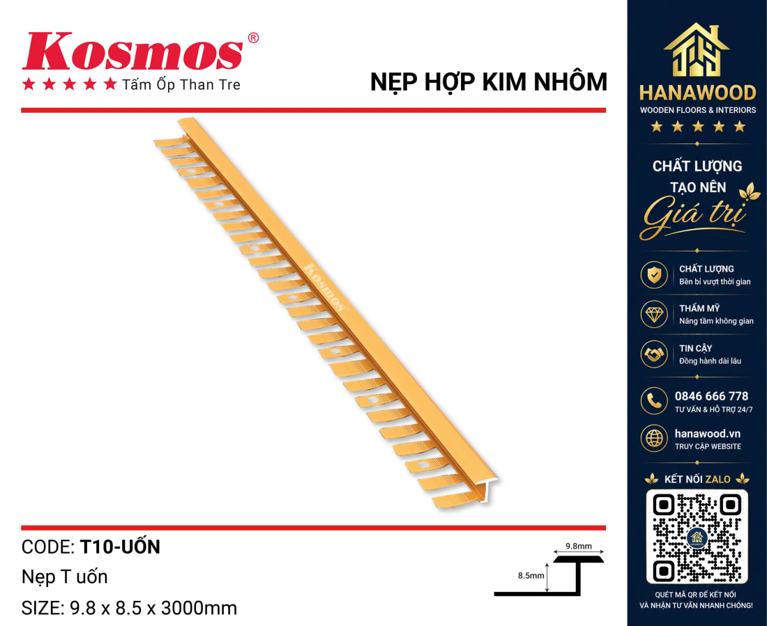 Nẹp T Uốn Tấm Ốp Than Tre Kosmos T10 Vàng tạo đường chỉ trang trí mềm mại