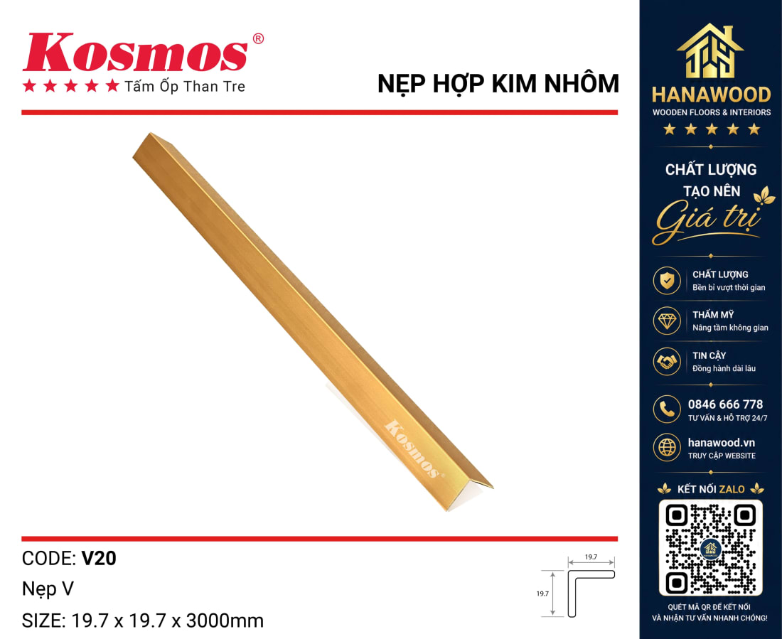 Nẹp V20 Tấm Ốp Than Tre Kosmos Màu Vàng bảo vệ góc vách chống trầy xước