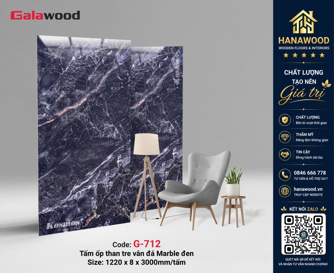 Galawood G-712 8mm Vân Đá PET Marble Đen huyền bí chống bám bẩn
