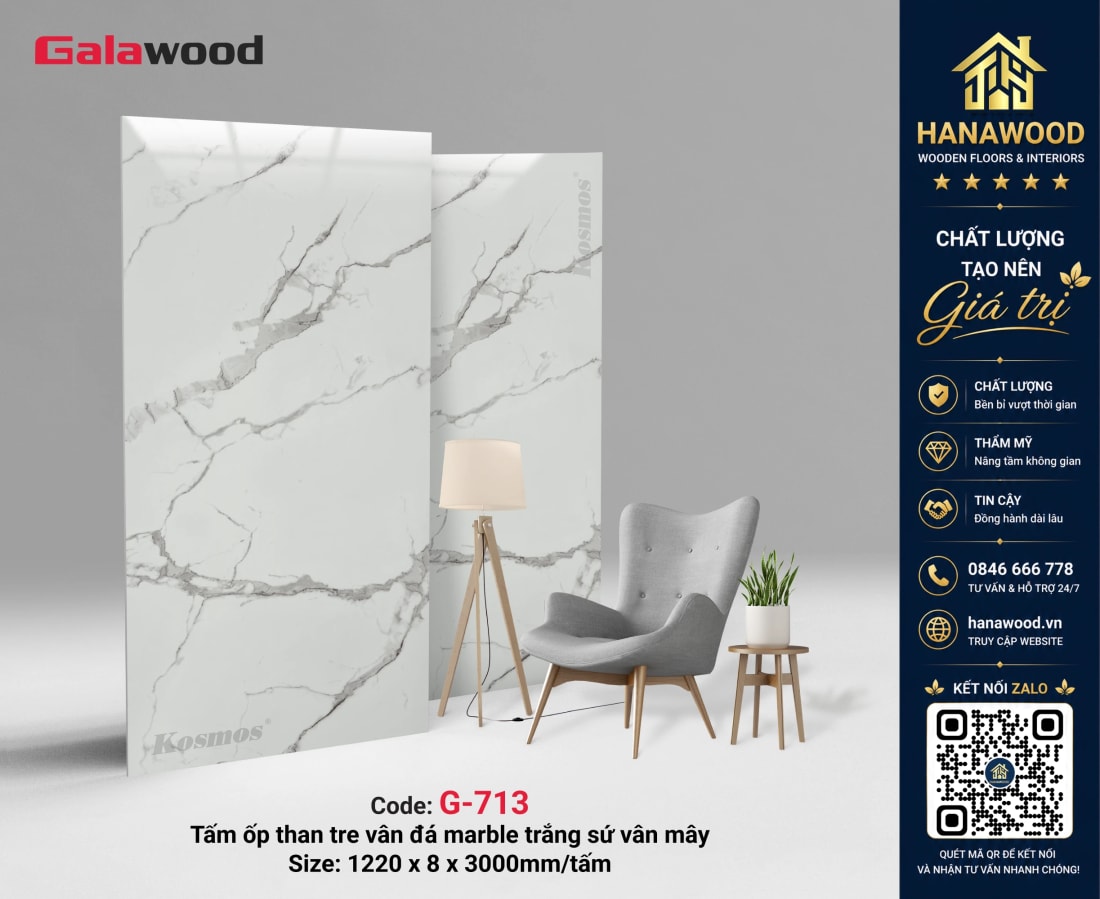 Galawood G-713 8mm Vân Đá PET Marble Trắng Sứ Vân Mây cao cấp