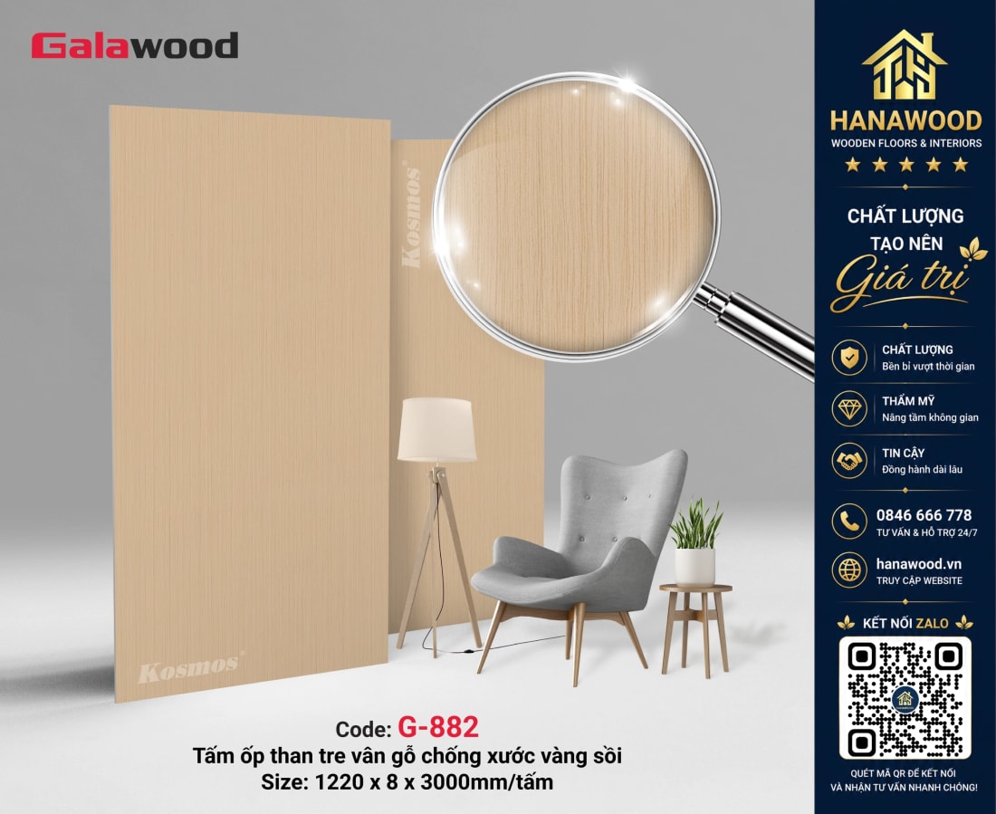 Galawood G-882 8mm Vân Gỗ Vàng Sồi ấm áp chịu nước chống mọt