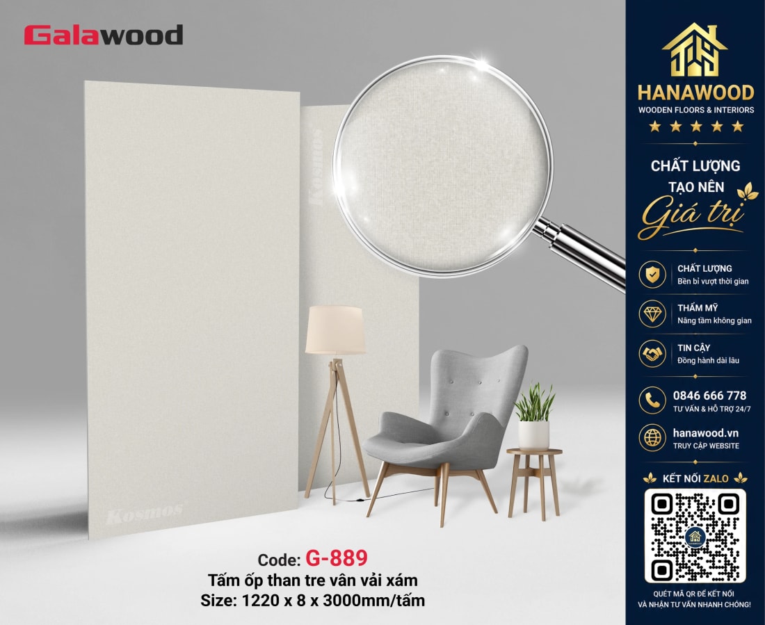 Galawood G-889 8mm Vân Vải Xám nhẹ nhàng hợp không gian hiện đại