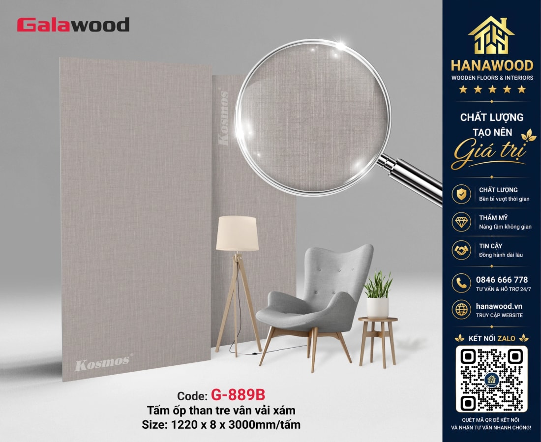 Galawood G-889B 8mm Vân Vải Xám chống ẩm mốc thi công ốp tường nhanh