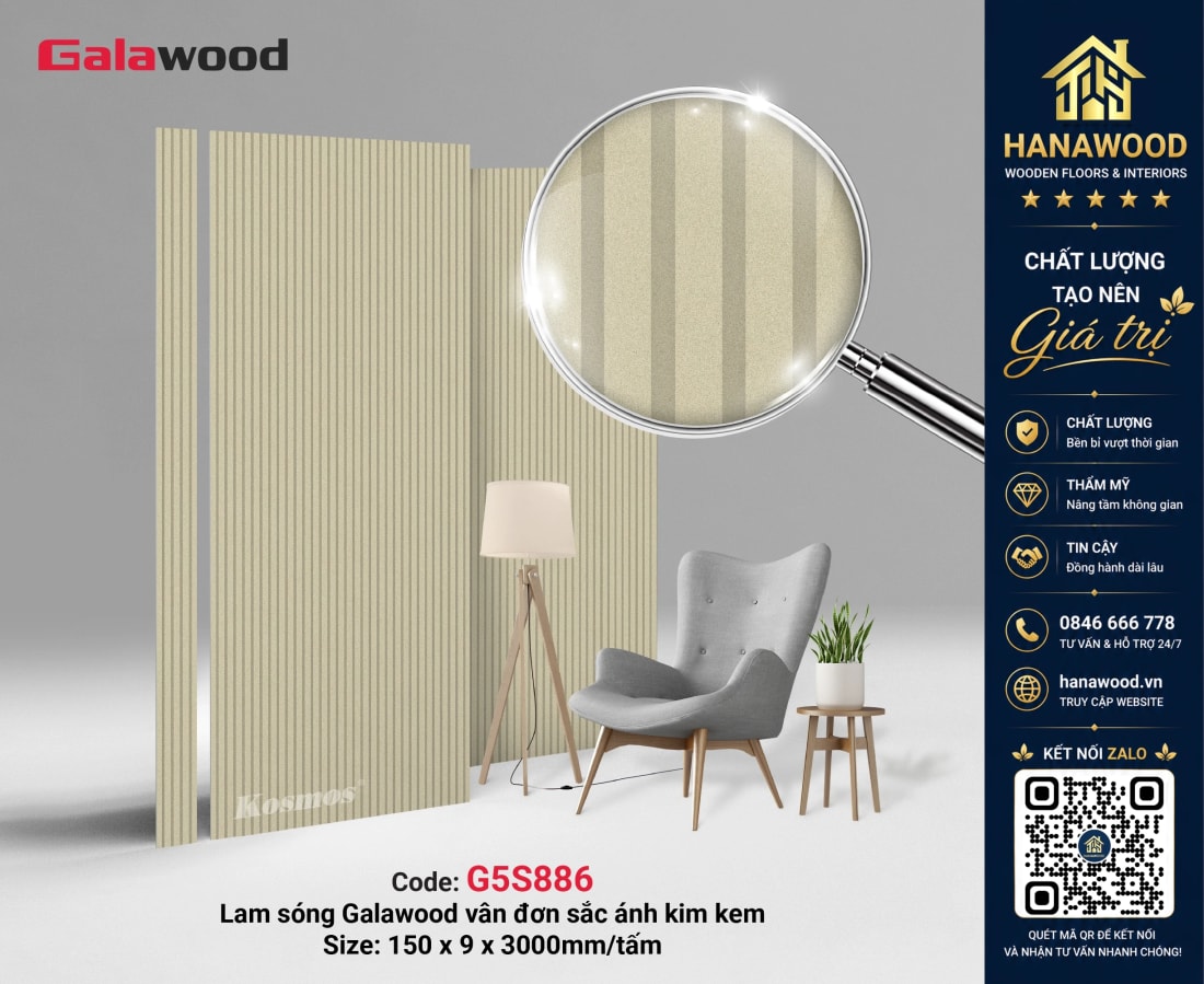 Galawood G5S886 8mm Lam Sóng Ánh Kim Kem tạo điểm nhấn vách tường
