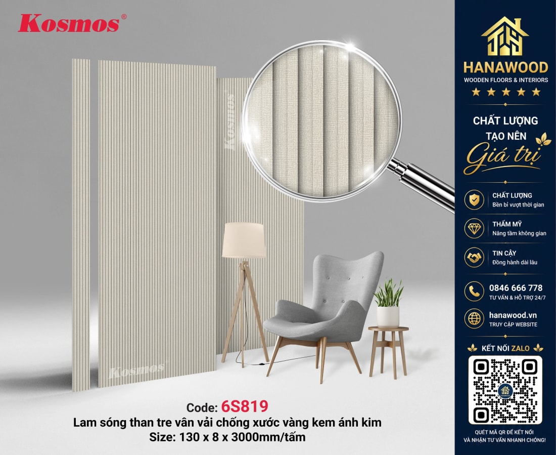 Tấm Ốp Lam Sóng Than Tre Kosmos 6S819 Vân Vải Vàng Kem Ánh Kim cao cấp