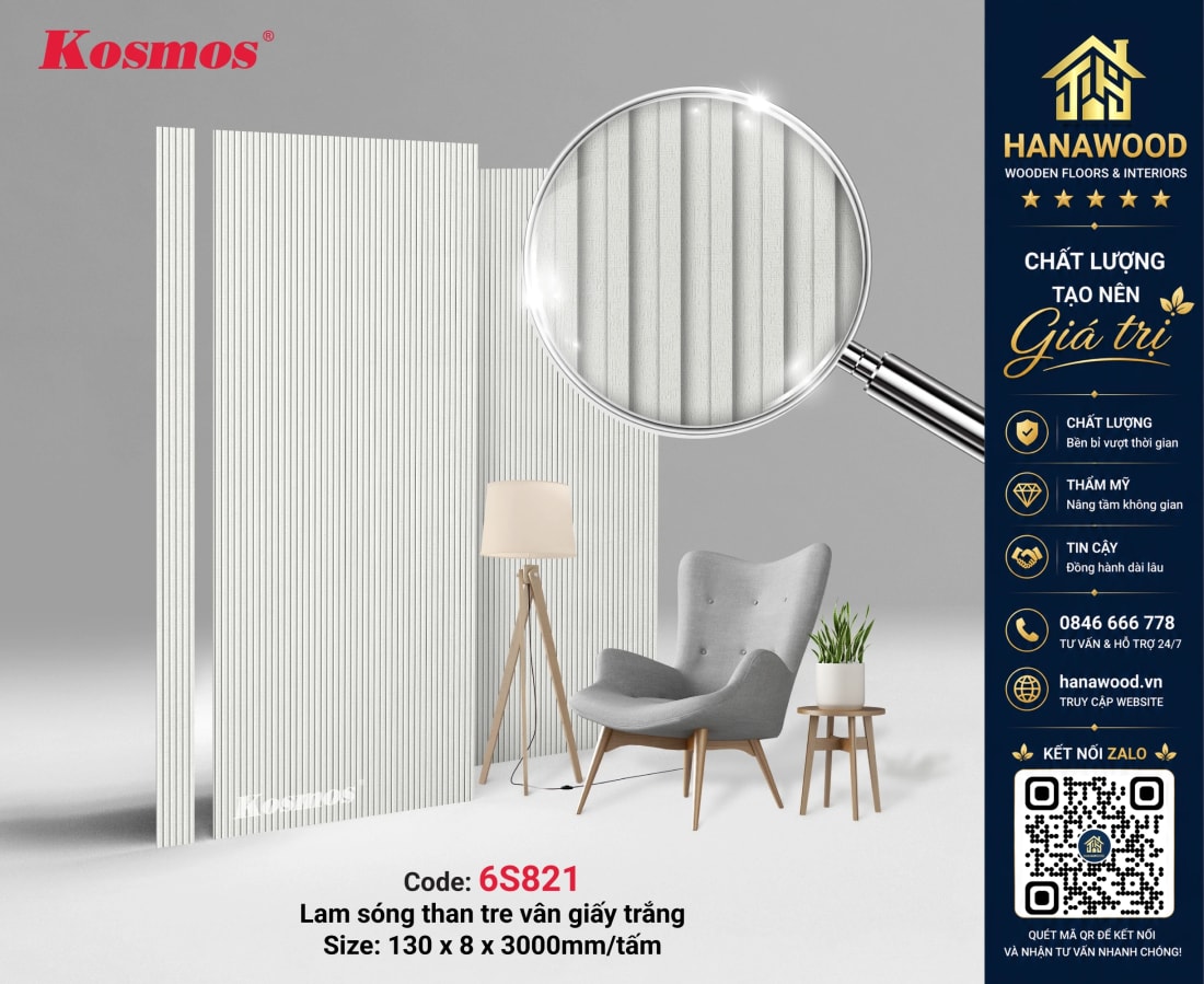Tấm Ốp Tường Lam Sóng Than Tre Kosmos 6S821 Vân Vải Trắng thanh lịch