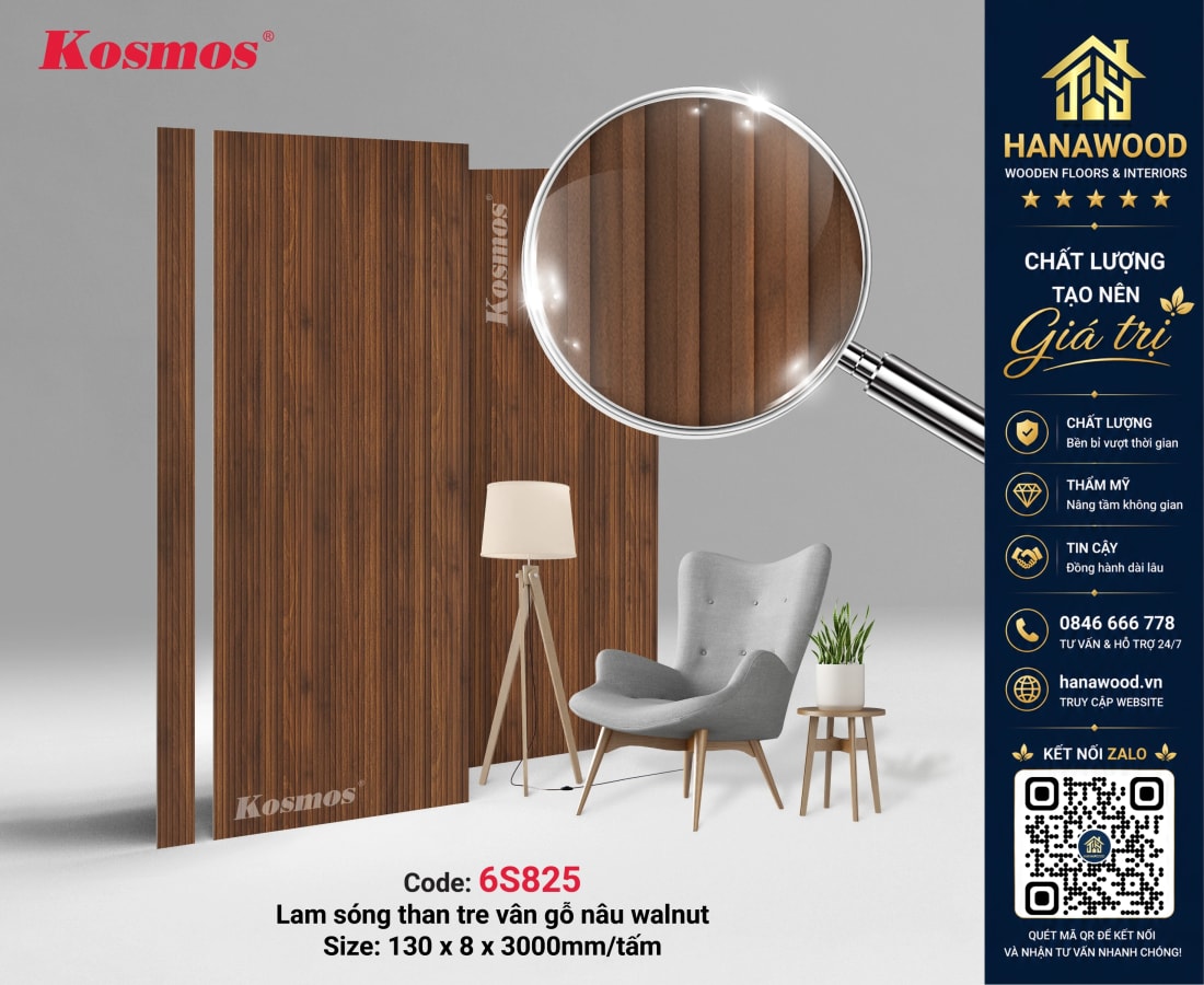 Tấm Ốp Than Tre Lam Sóng Kosmos 6S825 Vân Gỗ Nâu Walnut đẳng cấp