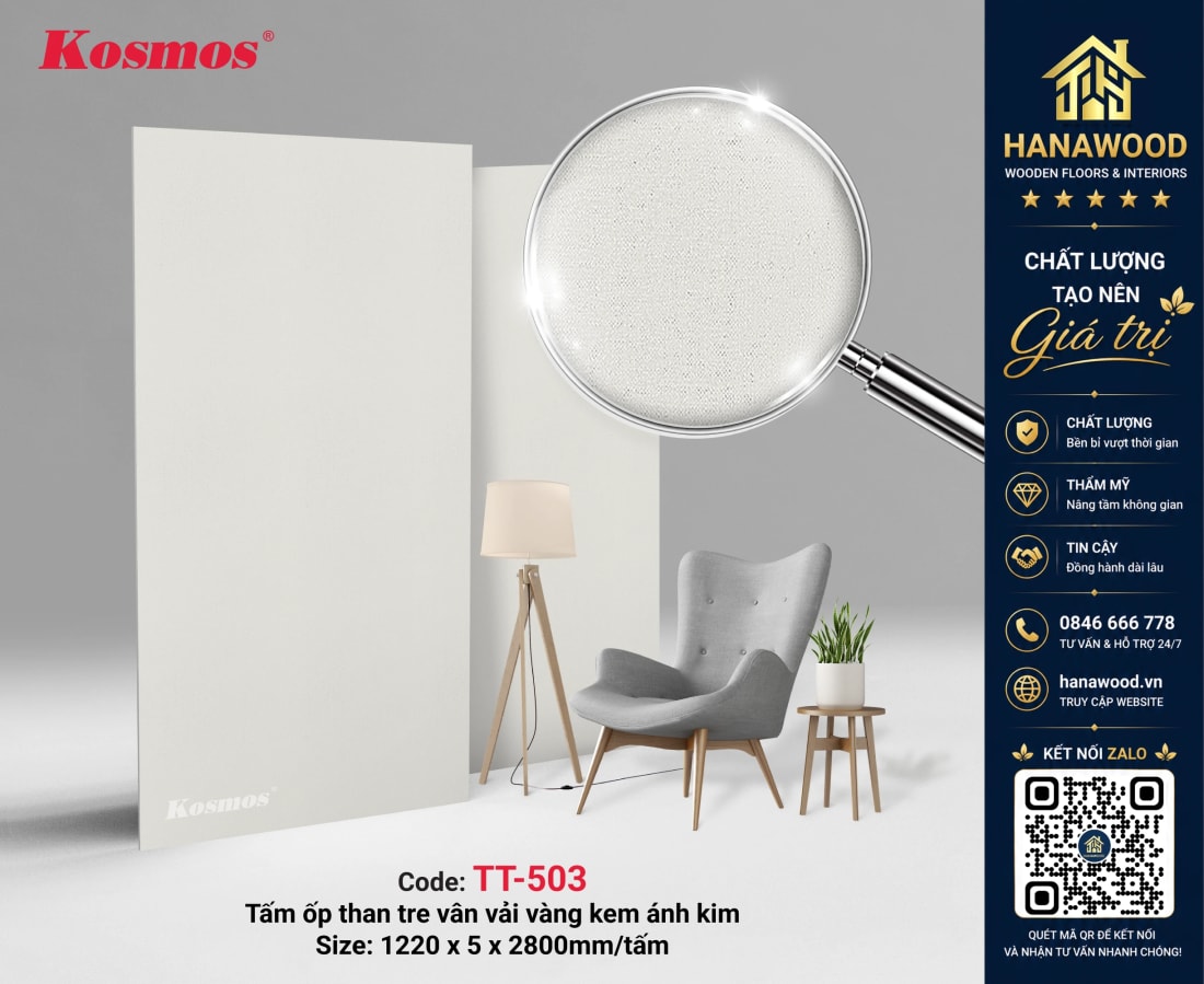 Tấm Ốp Than Tre Kosmos TT-503 Vân Vải Vàng Kem Ánh Kim 5mm sang trọng