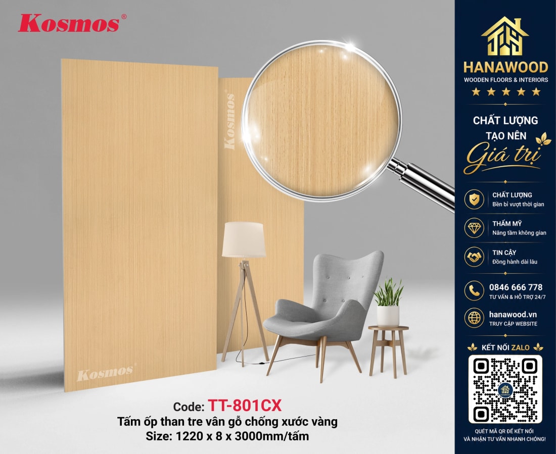 Ốp Tường Tấm Ốp Than Tre Kosmos TT-801CX Vân Gỗ Vàng chống trầy xước