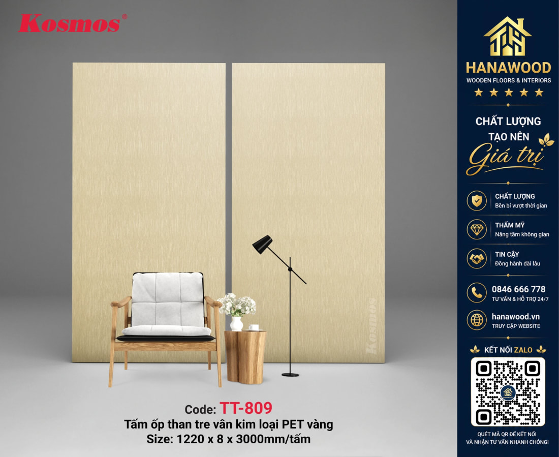 Tấm Ốp Than Tre Kosmos TT-809 Kim Loại Vàng Xước Dọc ánh kim lấp lánh