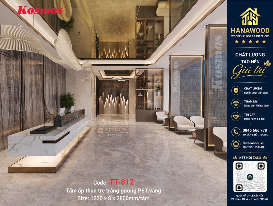Tấm Ốp Tường Than Tre Kosmos TT-812 Tráng Gương PET Vàng sang trọng