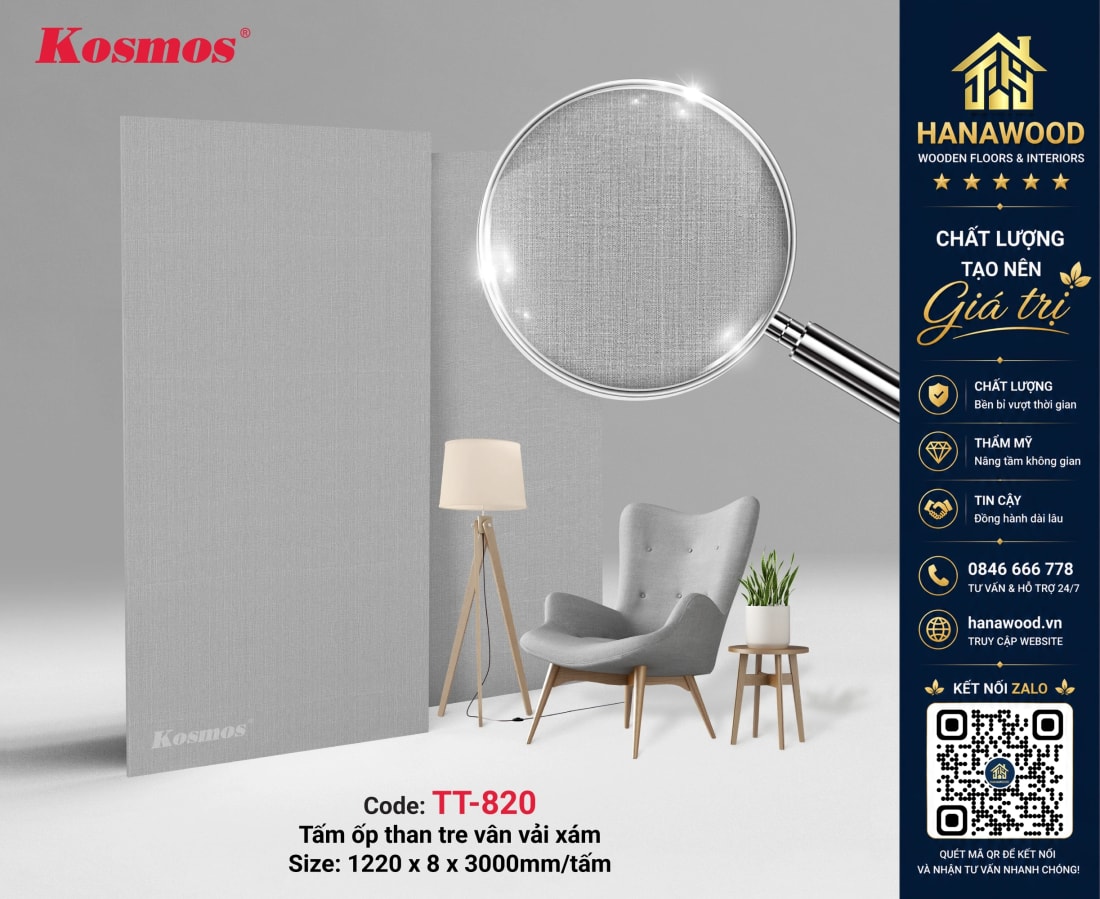 Tấm Ốp Đa Năng Than Tre Kosmos TT-820 Vân Vải Xám lau chùi dễ dàng