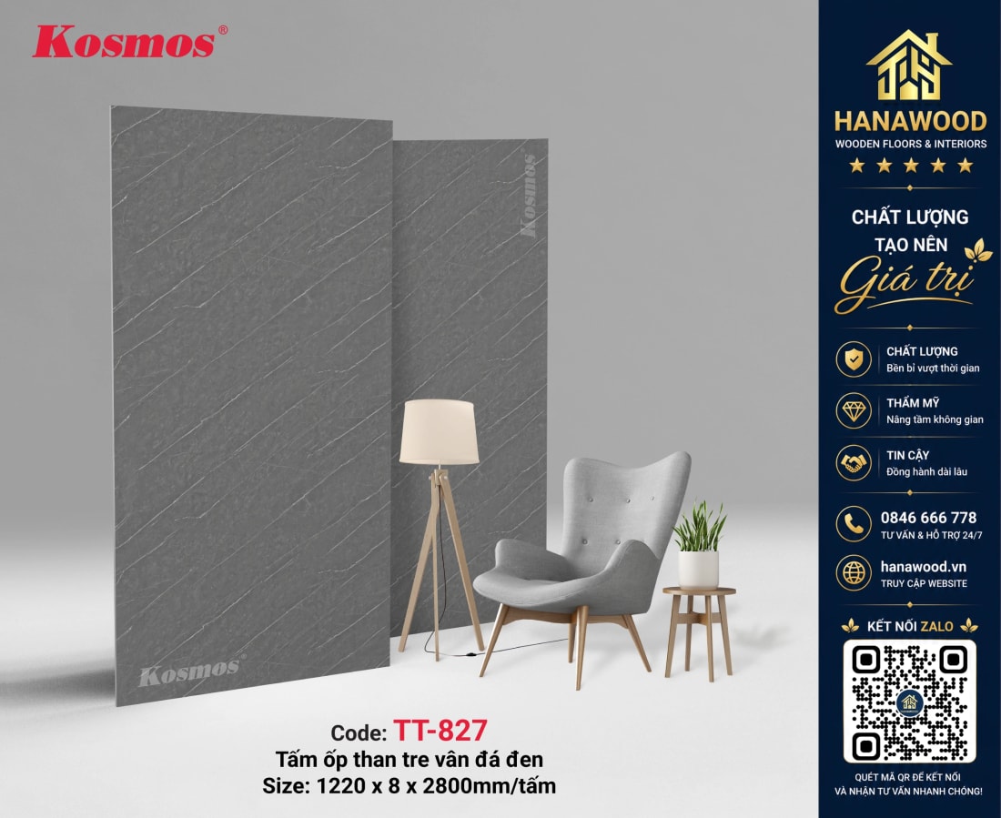 Tấm Ốp Đa Năng Sợi Than Tre Kosmos TT-827 Vân Đá Đen chống bám bụi
