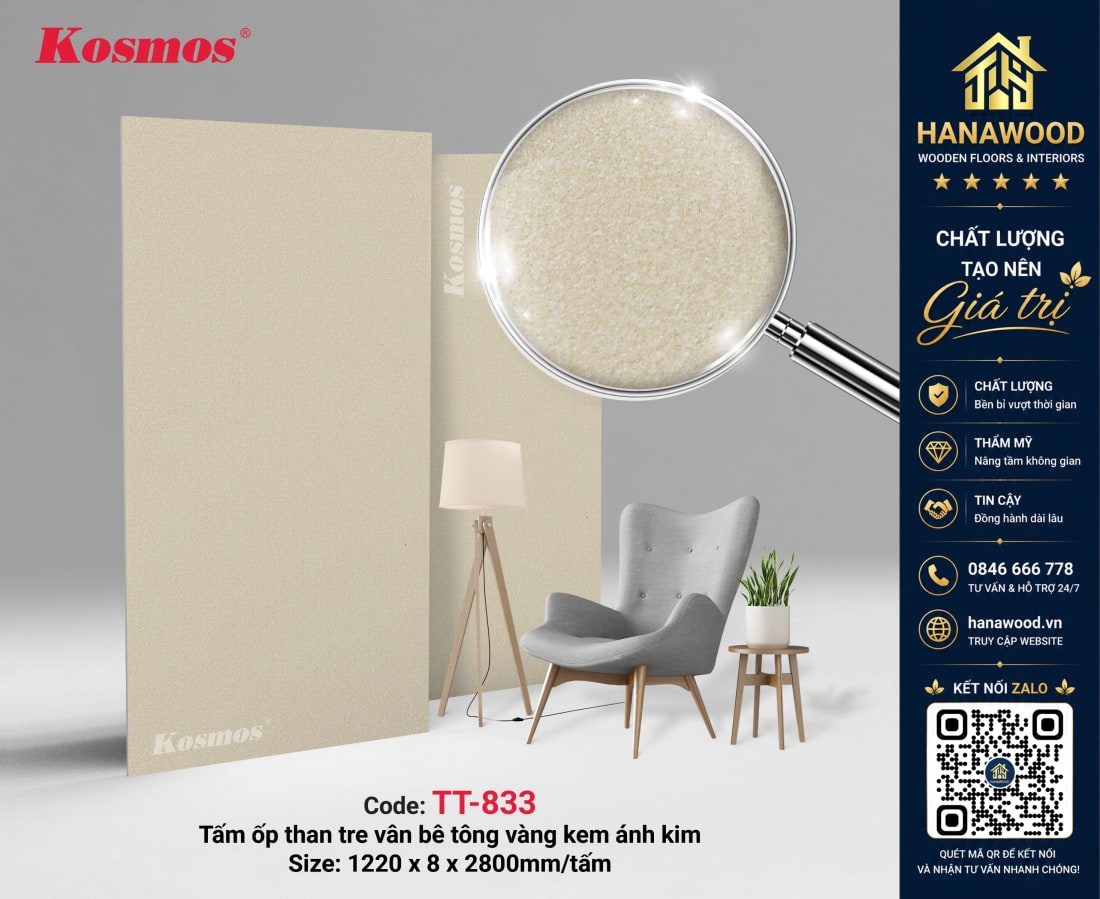 Tấm Ốp Than Tre Kosmos TT-833 Vân Bê Tông Trắng Kem hiệu ứng ánh kim