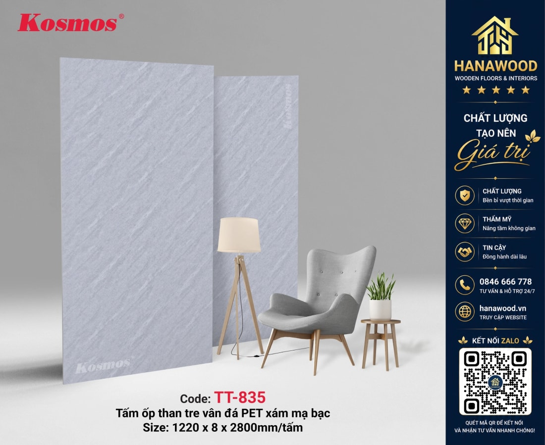 Ốp Tường Than Tre Kosmos TT-835 Vân Bê Tông Xi Măng Xám độc đáo
