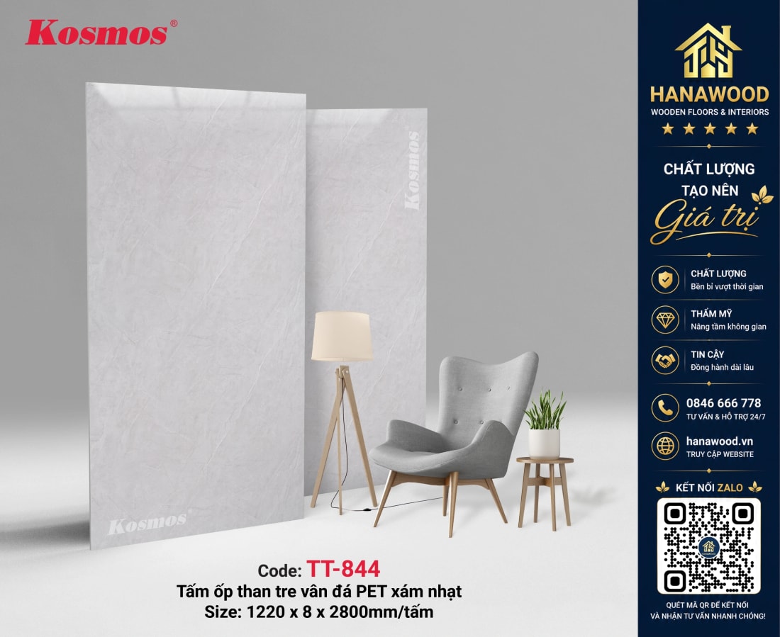 Ốp Tường Than Tre Kosmos TT-844 Vân Đá PET Xám Nhạt thanh lịch
