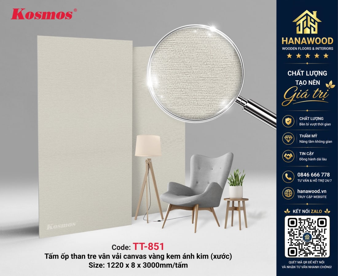 Tấm Ốp Sợi Than Tre Kosmos TT-851 Vàng Kem Ánh Kim bề mặt mịn đẹp