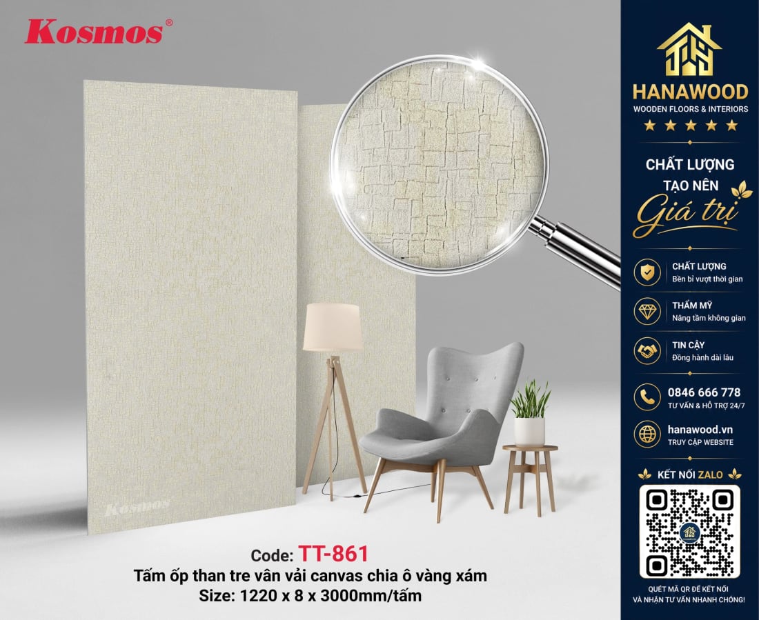 Tấm Ốp Than Tre Kosmos TT-861 Vân Vải Vàng Ánh Kim Chia Ô Xám độc đáo