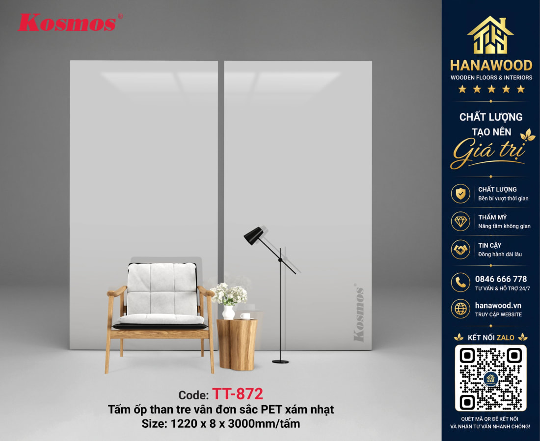 Tấm Ốp Tường Than Tre Kosmos TT-872 Vân Đơn Sắc PET Xám Nhạt