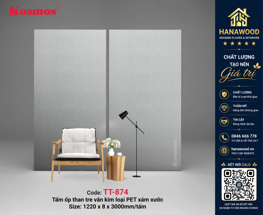 Tấm Ốp Than Tre Đa Năng Kosmos TT-874 Vân Kim Loại PET Xám Xước