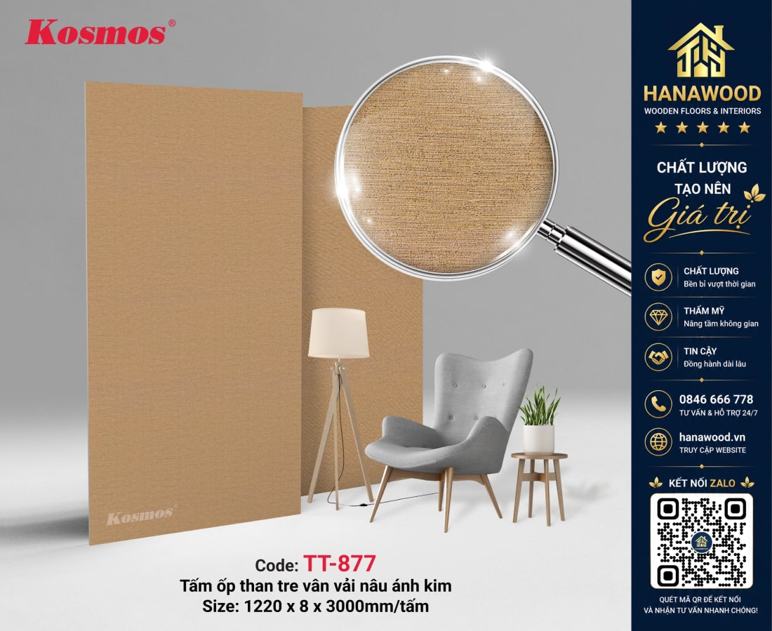 Tấm Ốp Sợi Than Tre Đa Năng Kosmos TT-877 Vân Vải Nâu Ánh Kim