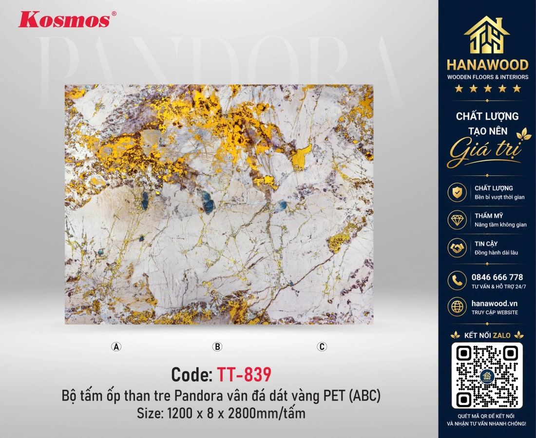 Tấm Ốp Than Tre Pandora Vân Đá Dát Vàng PET Kosmos TT-839 tấm A cận cảnh nhũ vàng