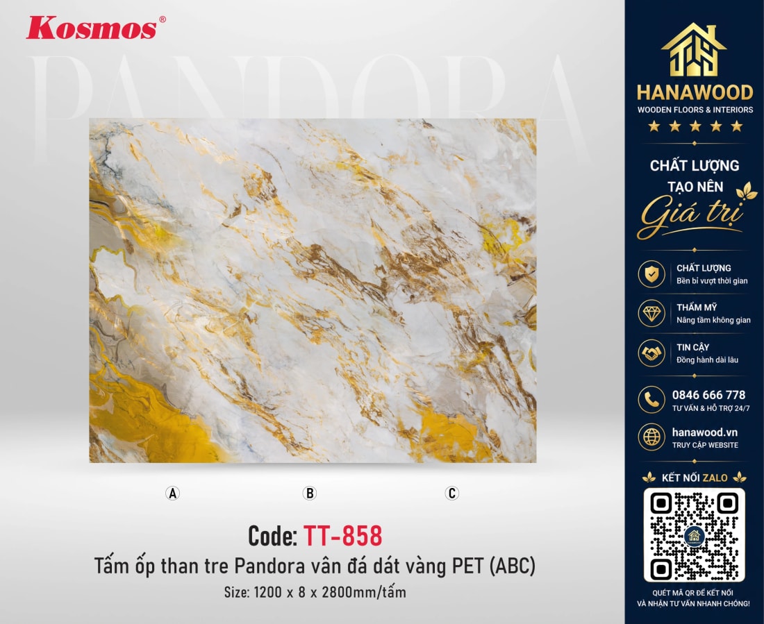 Ốp Tường Than Tre Pandora Vân Đá Dát Vàng PET Kosmos TT-858 tấm A góc chụp thẳng