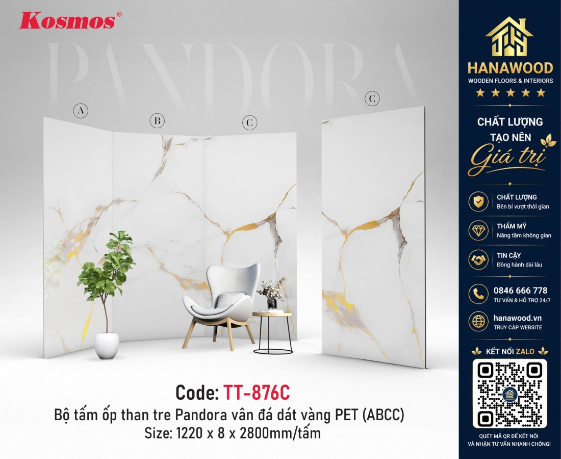 Hình ảnh Tấm Ốp Than Tre Pandora Vân Đá Dát Vàng PET Kosmos TT-876 - Hanawood