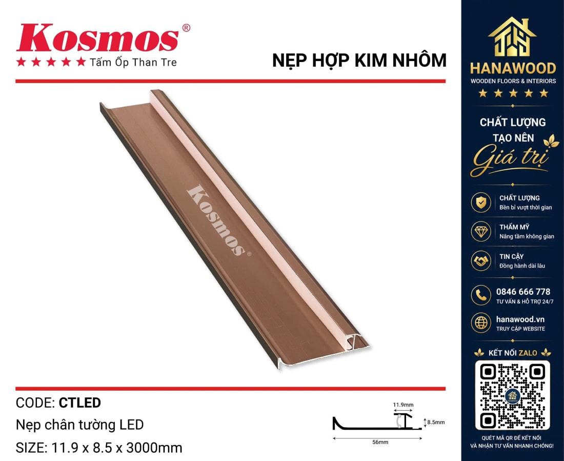 Nẹp Chân Tường LED Kosmos CTLED Sâm Panh hợp kim nhôm sang trọng che khe chân tường
