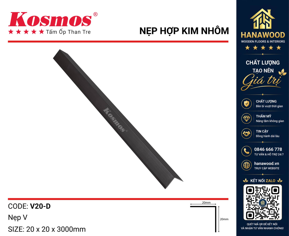 Nẹp V20 Tấm Ốp Than Tre Kosmos Đen chốt bảo vệ góc tường chống va đập