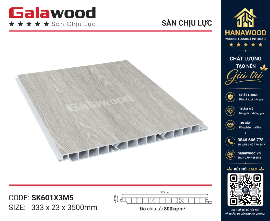 Tấm Sàn Chịu Lực Giả Gỗ Galawood SK601X3M5 chịu nước 100% không mối mọt