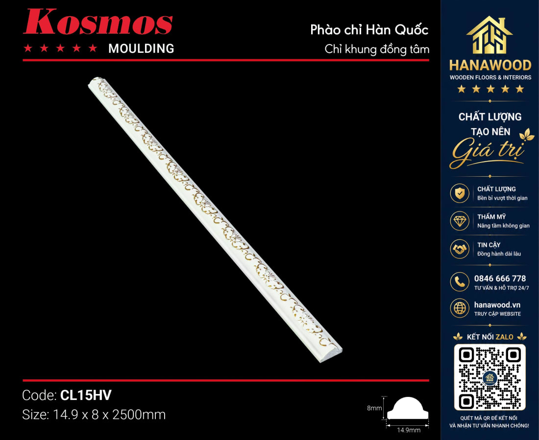 Chỉ Khung Đồng Tâm Kosmos CL15HV nẹp nhựa hoa văn nổi tạo điểm nhấn vách